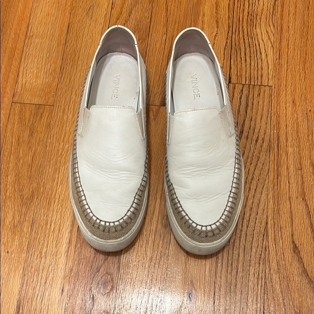 Vince White and Tan Slip-On Loafers with Moccasin Stitching
